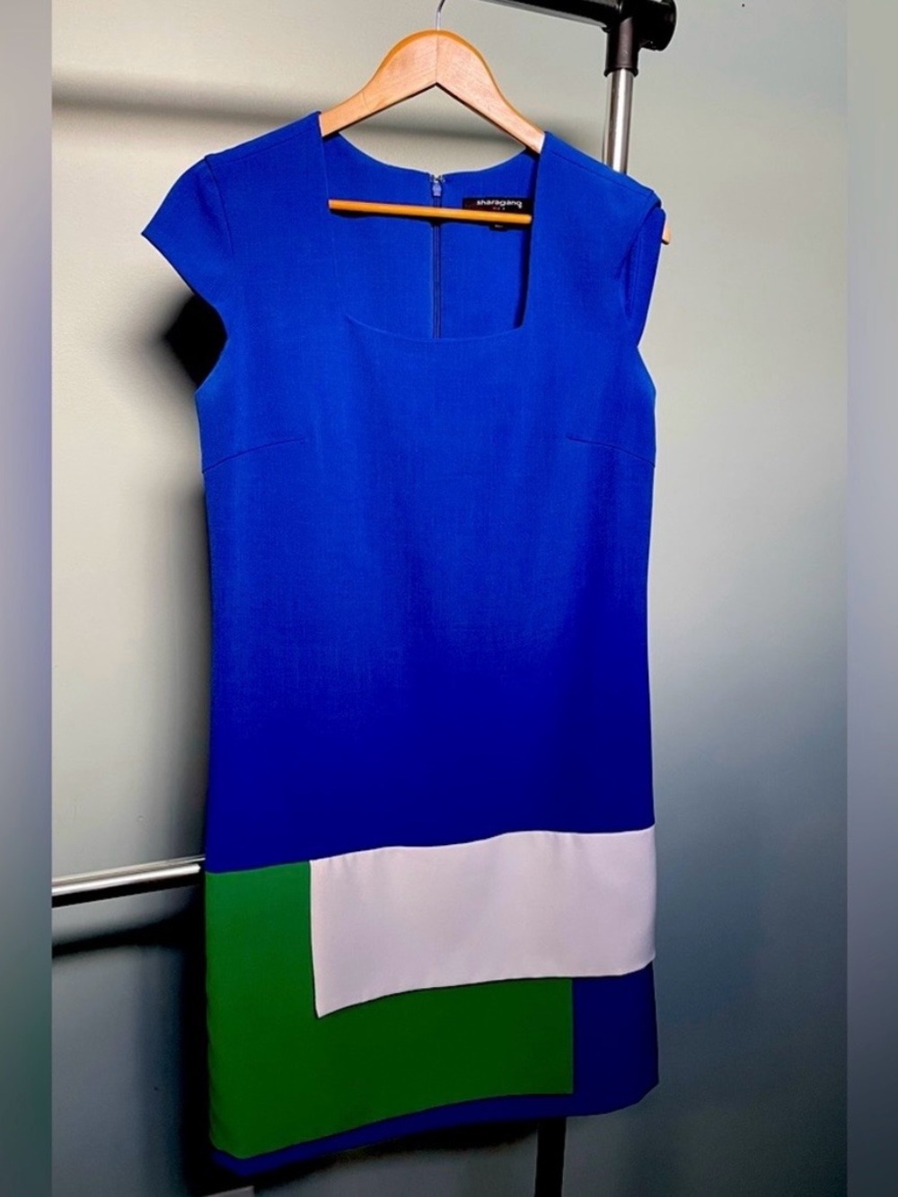 Sharagano Royal Blue Colorblock Cap-Sleeve Mini Dress with Green & White Panels